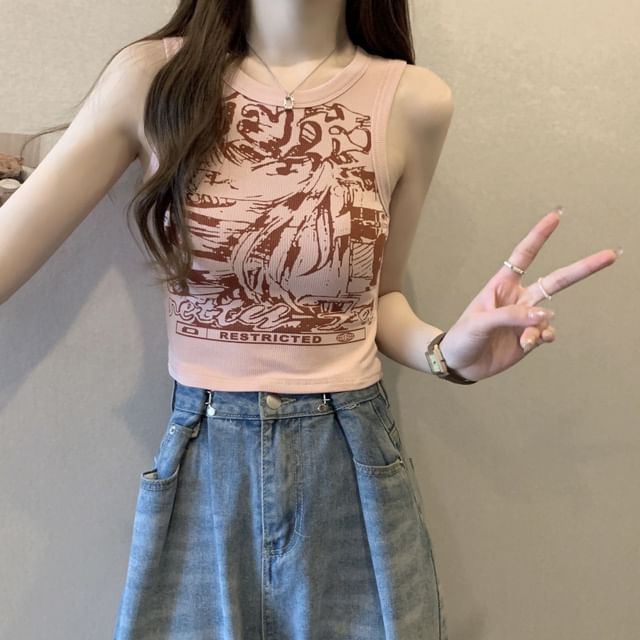 Round Tank Graphic Print Top Crop Neck