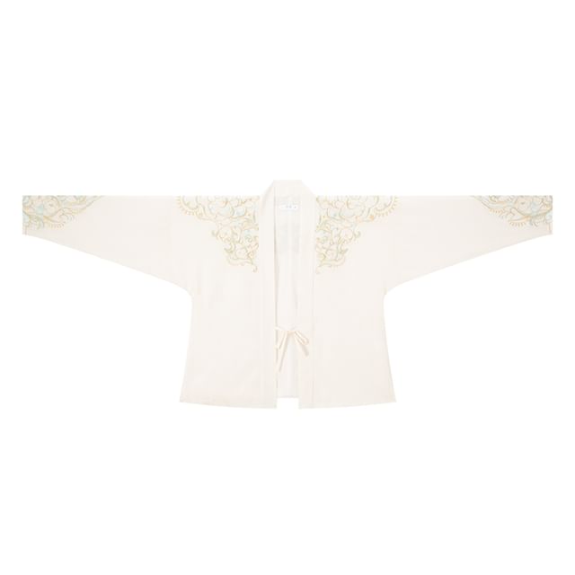 Traditional Chinese Long-Sleeve Top / Print Maxi A-Line Pleated Skirt / Necklace / Set