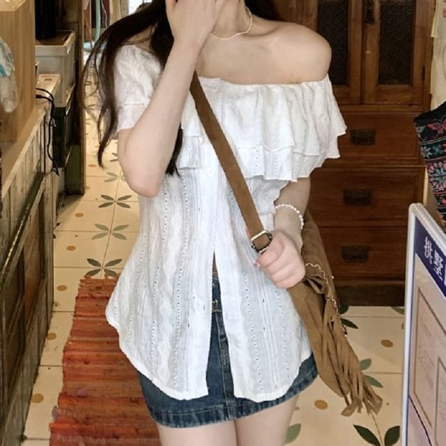Short-Sleeve Blouse Off Plain Ruffle Shoulder