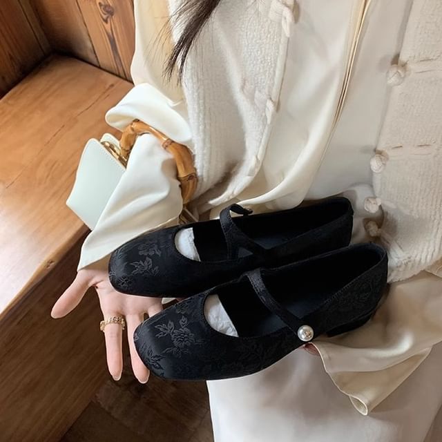 Fabric Mary Jane Pearl Flats Faux