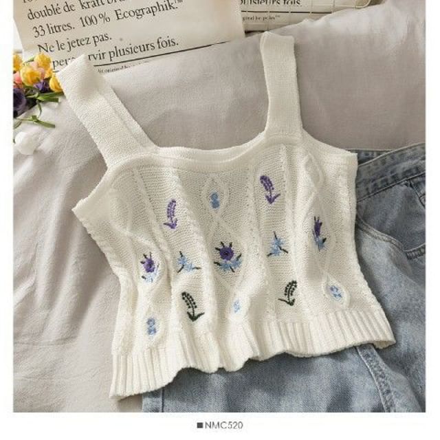 Knit Camisole Cropped Top Embroidered Flower