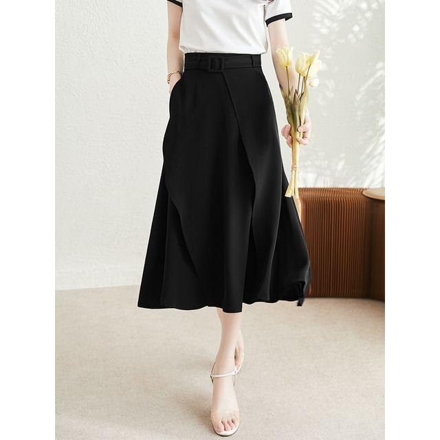 Jupe midi taille haute à volants unis A