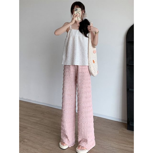 Pantalon large uni à taille élastique et volants