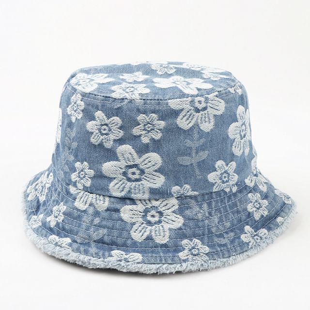 Denim Print Frayed Washed Hat Bucket Floral