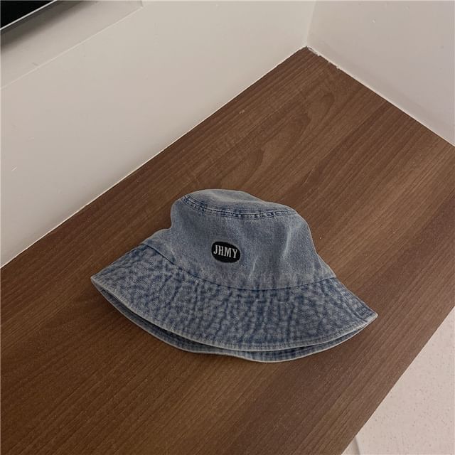 Bucket Embroidered Lettering Denim Hat Washed