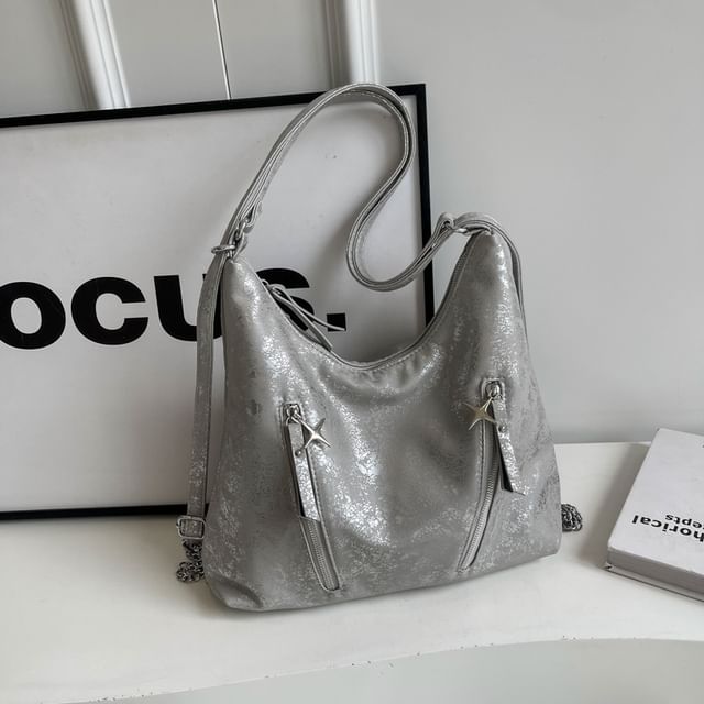 Backpack Faux Chain Leather Plain Zipped Strap