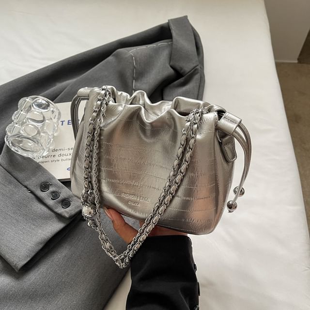 Leather Drawstring Chain Strap Faux Bag Crossbody
