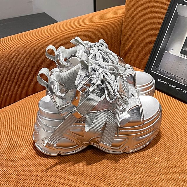 Lace-Up Platform Sequin Sandals Slingback