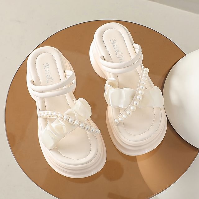 Cross Pearl Faux Platform Accent Strap Sandals Ruched