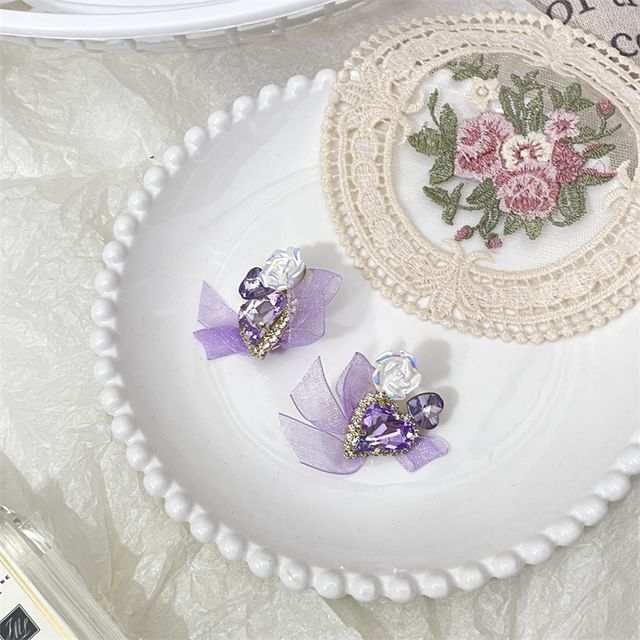 Heart-Shaped Bow Organza Earrings With Rhinestone
