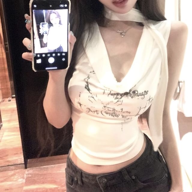 Choker-Neck Cowl Neck Tank Crop Lettering Top