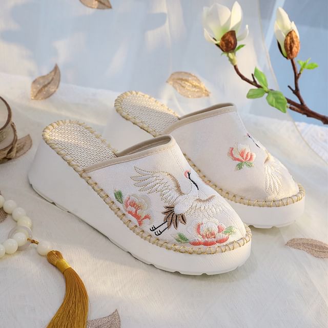 Embroidered Wedge Mules Heel