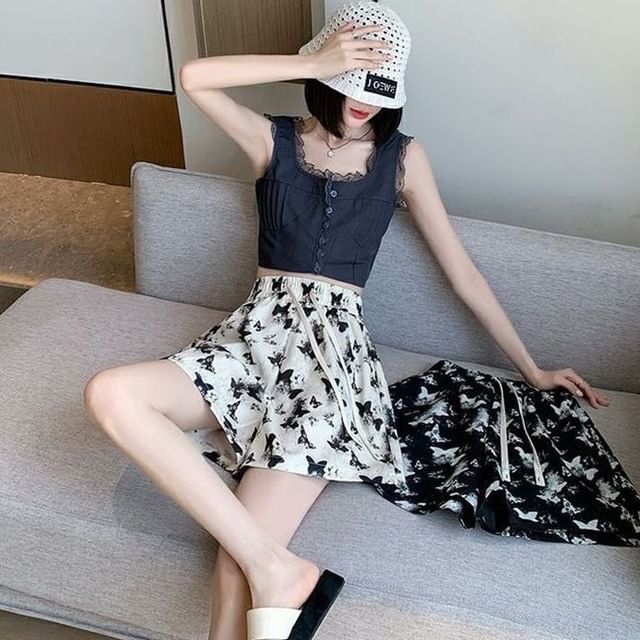 Drawstring Butterfly Shorts Waist Print