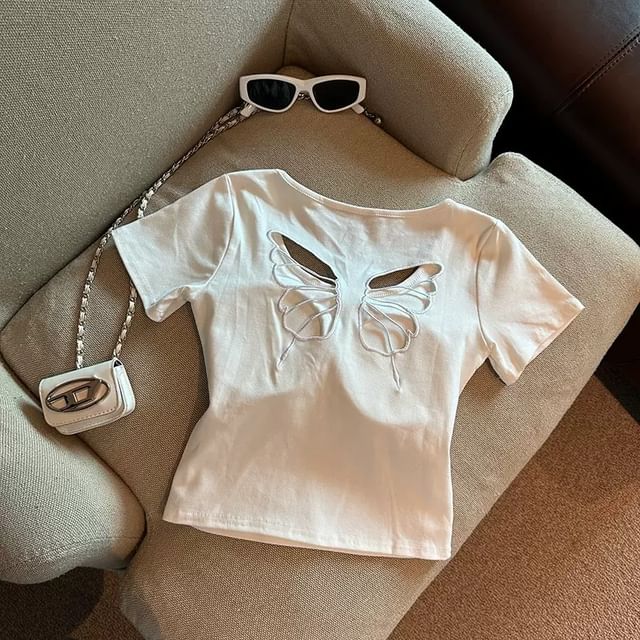 T-shirt court à manches courtes et col ras du cou avec découpes papillon