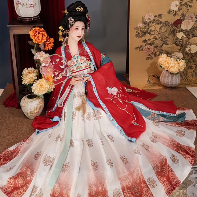 Veste Hanfu fleurie / Haut cache-cœur / Robe longue / Ensemble