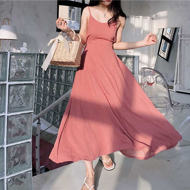 Spaghetti Open Maxi Strap Plain Sundress Back