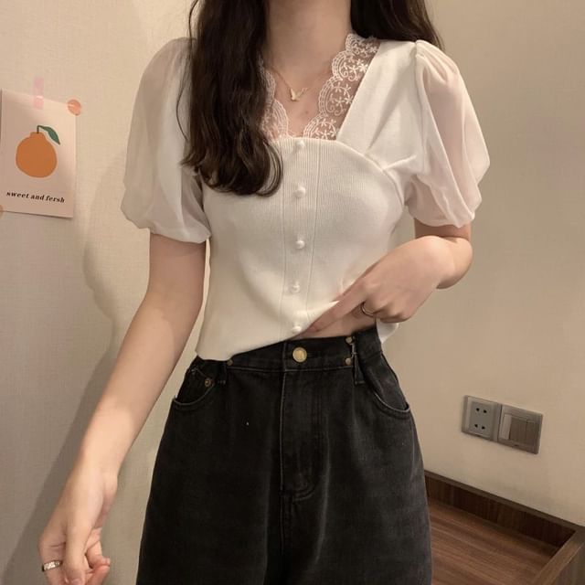 Top V-Neck Short-Sleeve Button Embroidered Panel