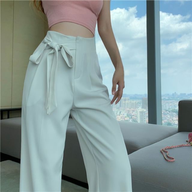 Waist Leg Tie-Up High Dress Wide Plain Pants