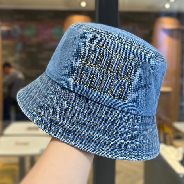 Lettering Bucket Denim Washed Hat Embroidered