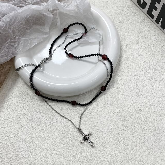 Necklace Leather Faux Choker Cross Rhinestone /