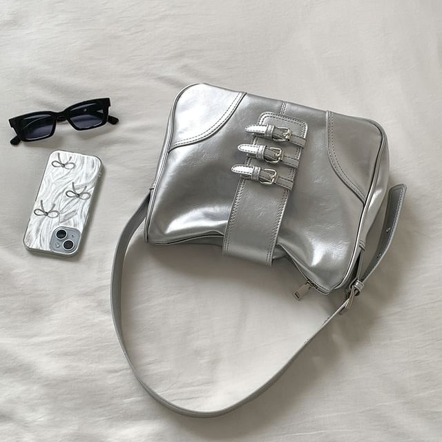 Shoulder Buckled Bag Plain Leather Faux