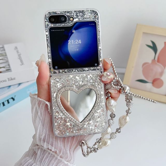Heart Mirrored Sequined Phone Case / Strap / Set