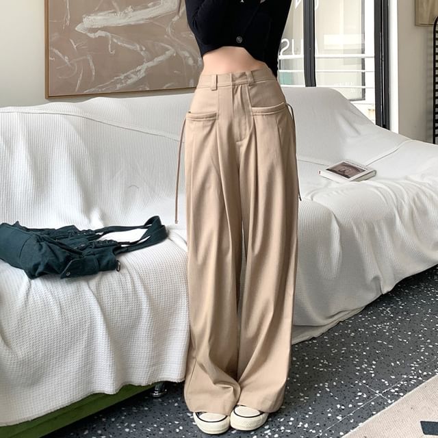 Plain Rise Pleated Leg Suit Wide High Pants