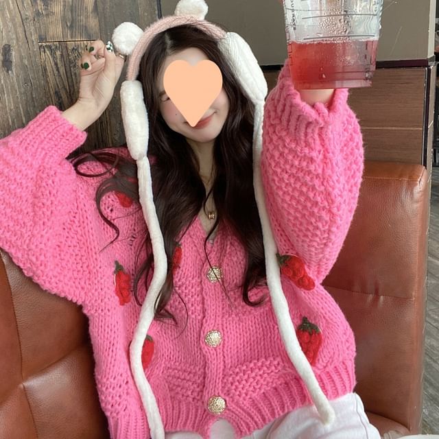 Cardigan à col en V en tricot au crochet 3D-Fraise