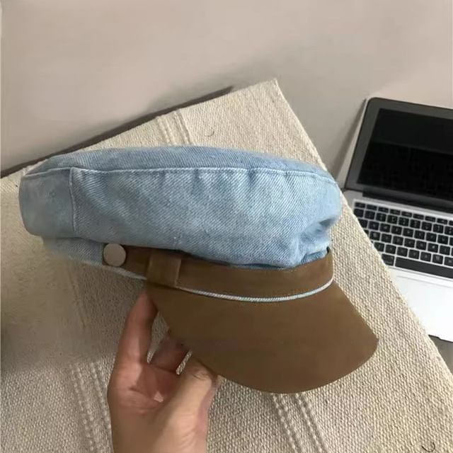 Faux Suede Washed Denim Panel Sailor Cap