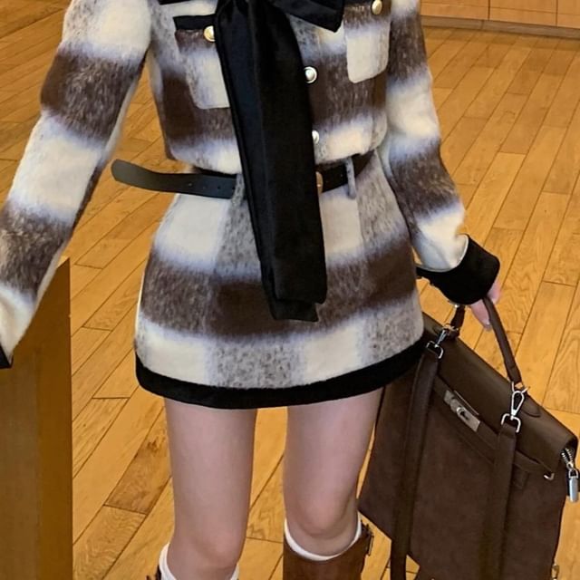 High Accent Neck Pencil Skirt Jacket Button-Up / Mini Plaid Crew Contrast Crop Rise Trim Bow