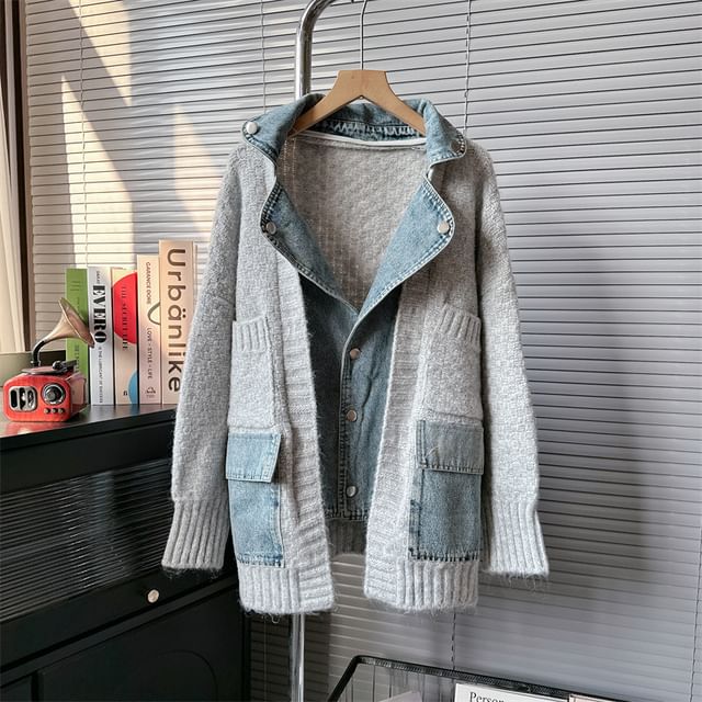 Cardigan en tricot à empiècements en denim en deux parties
