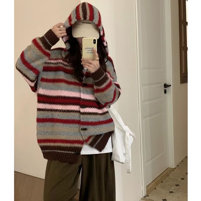 Cardigan long en tricot rayé à capuche et manches longues