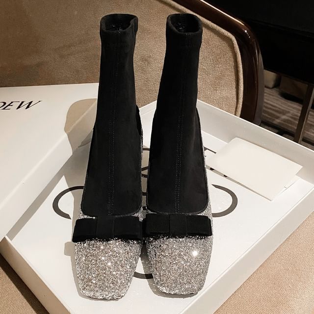 Short Heel Block Bow Sock Boots Square Toe Glitter