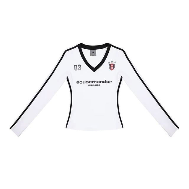 T-shirt à manches longues et col en V avec inscription