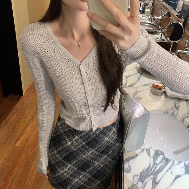 Plain Cardigan Button-Up V-Neck