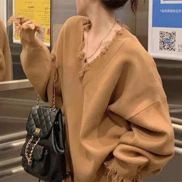 Pull oversize à col en V effet vieilli