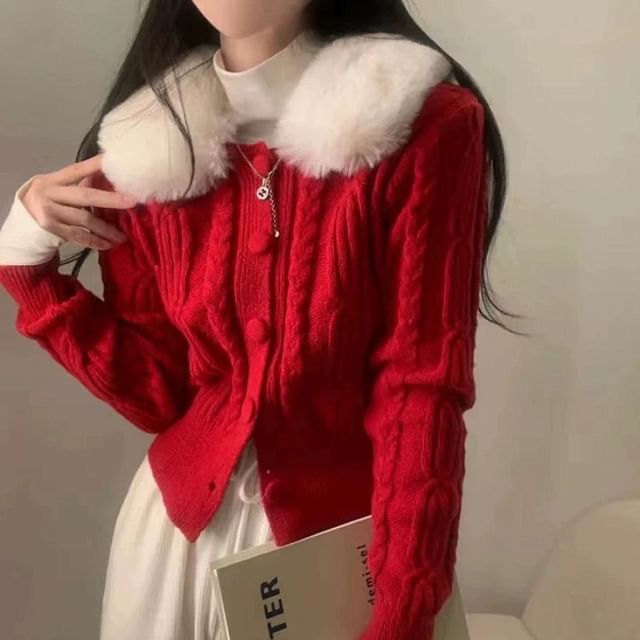 Cardigan en maille torsadée avec col en fausse fourrure en 6 couleurs