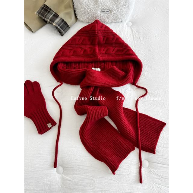 Plain Cable Scarf Hooded Knit