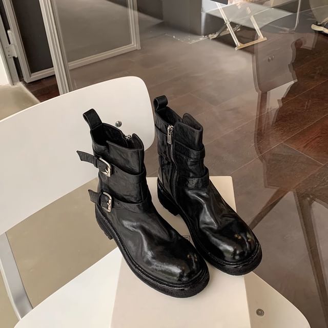 Leather Short Plain Buckled Boots Platform Genuine