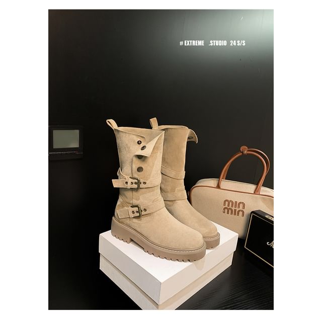 Platform Boots Buckled Button Calf Mid