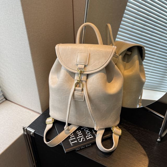 Plain Leather Backpack Flap Faux