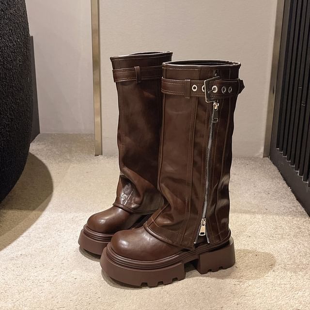 Knee Boots Buckled High Platform Zip Panel