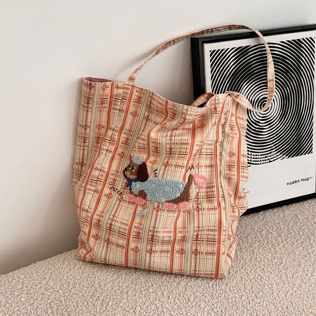 Sac fourre-tout en velours côtelé avec motif à carreaux et appliques