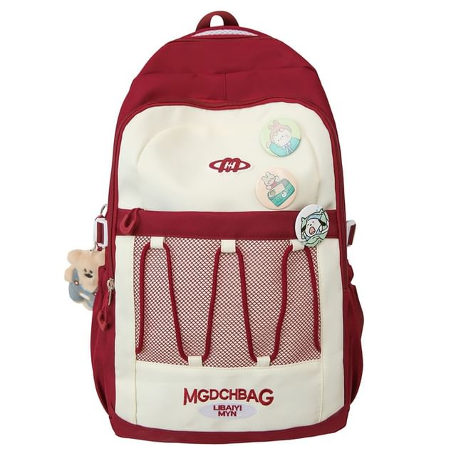 Brooch Set / Panel Drawstring Lettering Backpack Nylon Mesh Embroidered