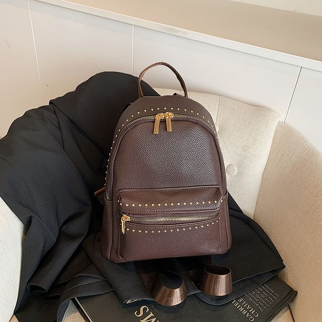 Studded Faux Backpack Plain Leather