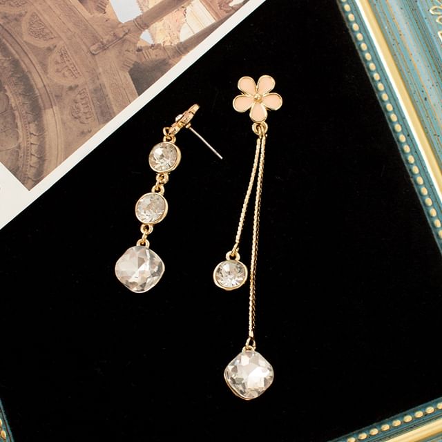 Floral Earring Dangle Asymmetrical Rhinestone Alloy