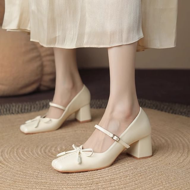 Pumps Mary Toe Heel Block Jane Square Bow