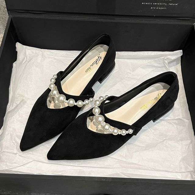 Peral Strap Pointy Shoes Mary Jane Heel Faux Low