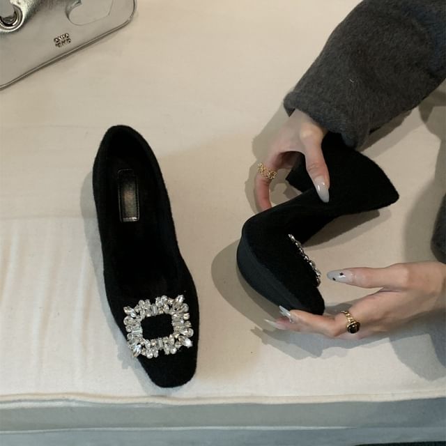 Toe Block Heel Pumps Buckle Square Rhinestone