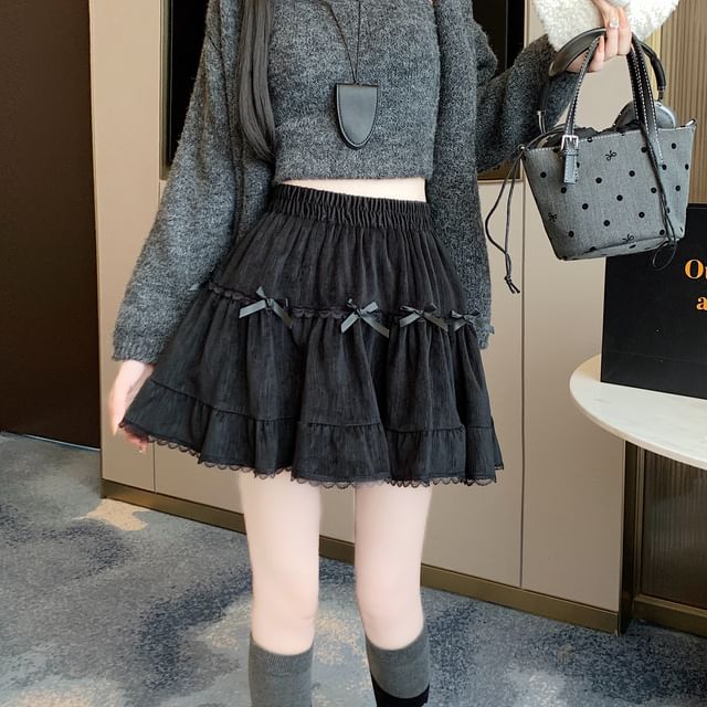 Velvet Accent Skirt Lace Trim Mini Waist Plain High Bow A-Line